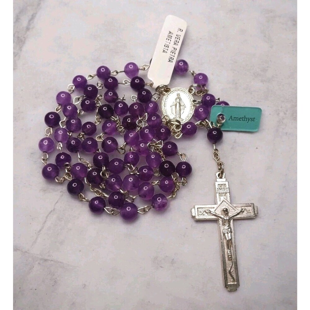 Vtg Semi Precious Genuine Amethyst Stone Rosary Silver Tone Crucifix + Tag Italy